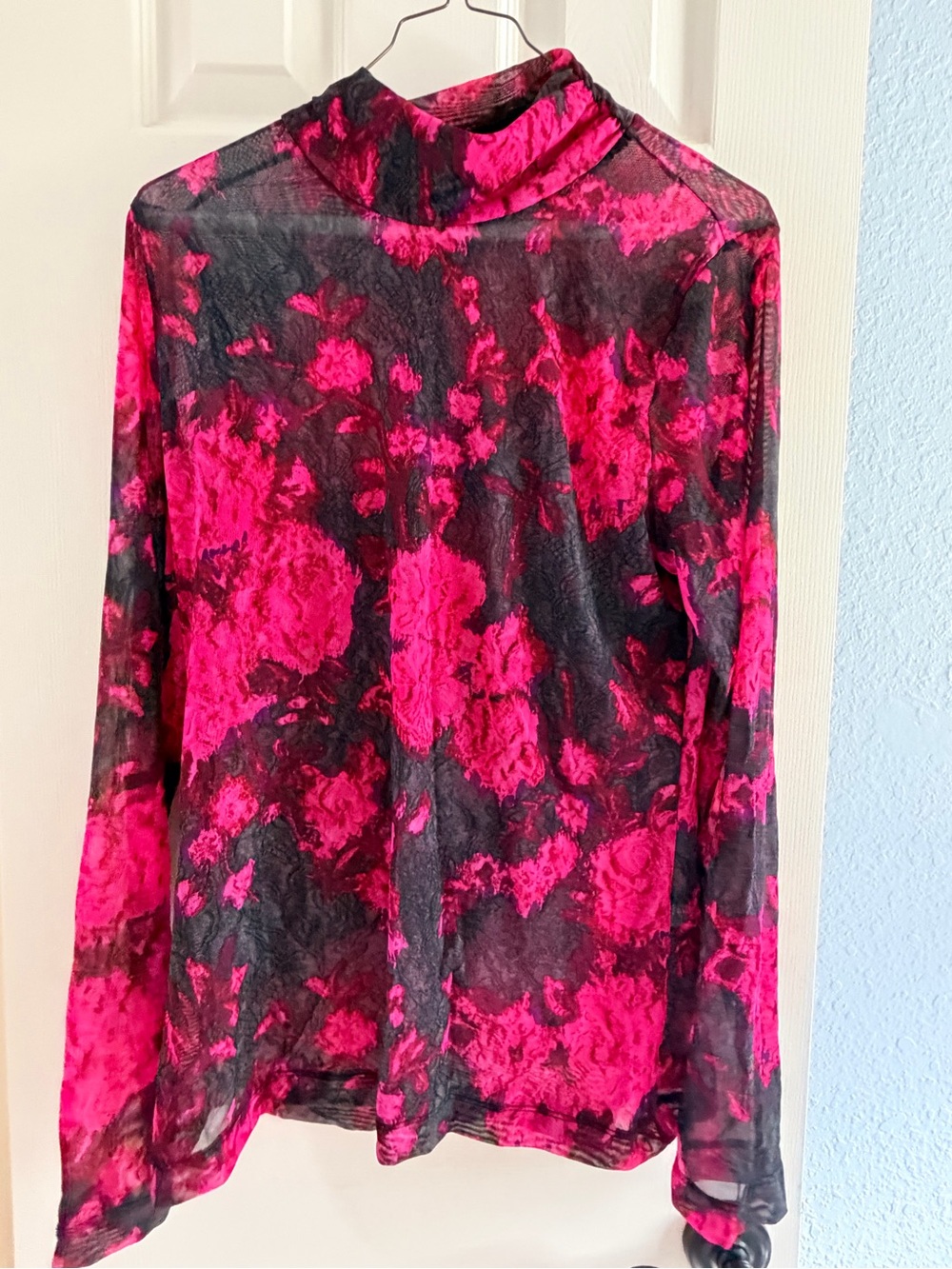 White House Black Market Sheer Mesh Mock Neck Top pink Black Floral